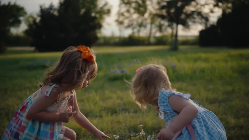 Two adorable young girls crouch down to examine wildflowers in a sun-drenched meadow at sunset