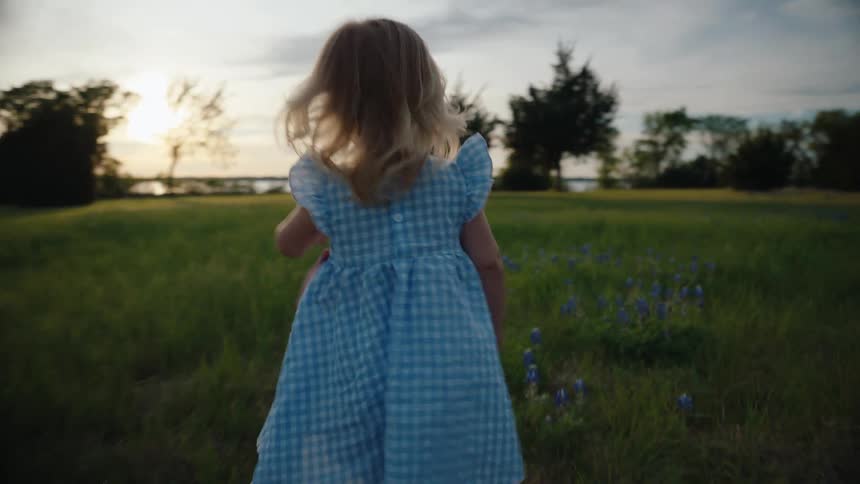 A little girl in a blue dress runs through a grassy field of wildflowers at sunset before stopping to look around