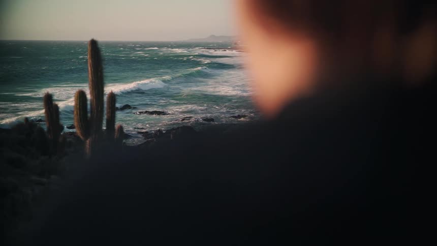 An over-the-shoulder slow-motion shot of a person watching waves crash on a rugged, cactus-lined coast at sunset