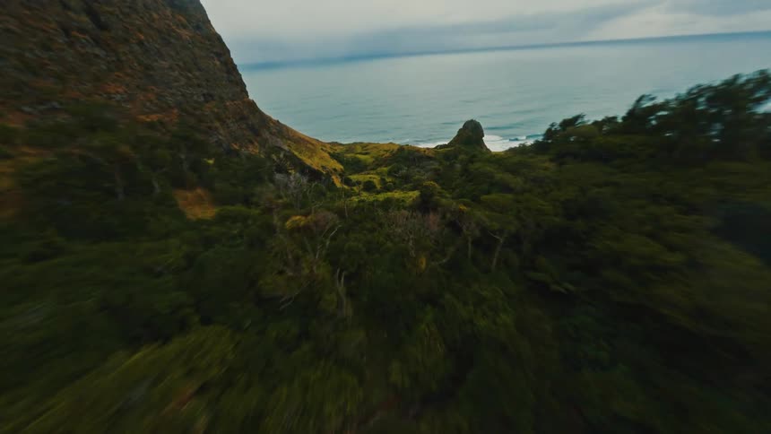 A thrilling FPV drone flight speeds along a majestic green cliffside overlooking the vast ocean on a cloudy day