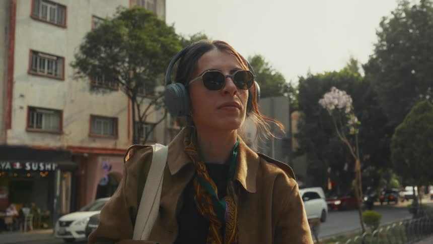 A stylish woman in sunglasses puts on headphones while standing on a sunny city street