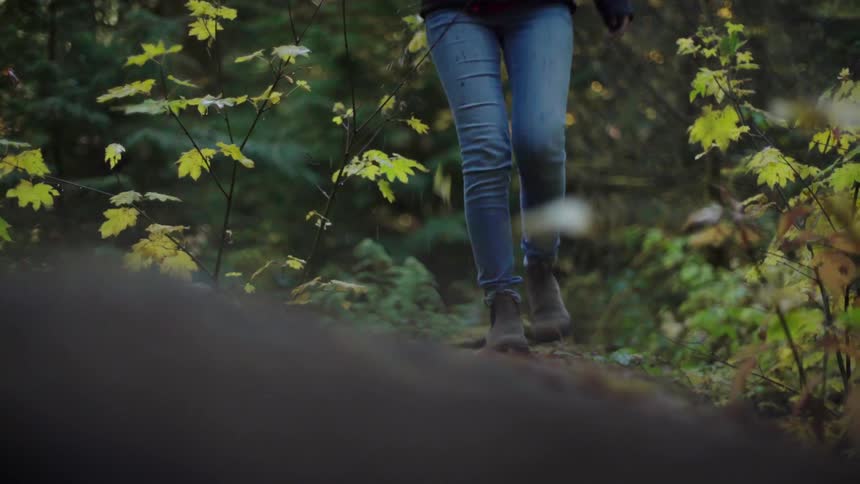 A woman wearing jeans a black coat and a purple beanie the walks across a log in the forest