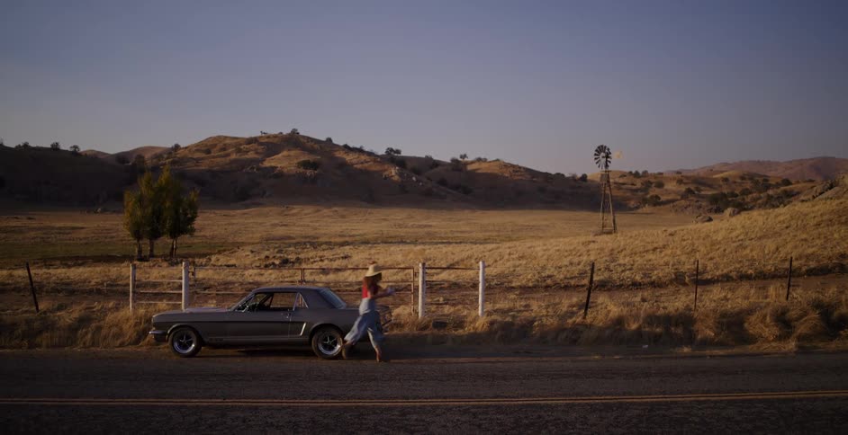 A woman on a road trip pulls her classic car over to the side of a country road and gets out to admire the golden hour view of the rural landscape