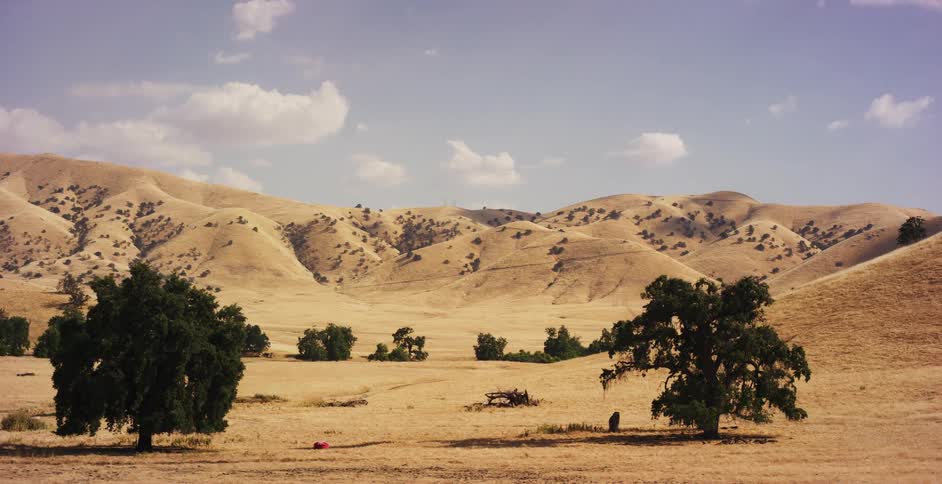 A slow aerial pullback reveals the vast, arid landscape of golden rolling hills and scattered oak trees under a summer sky