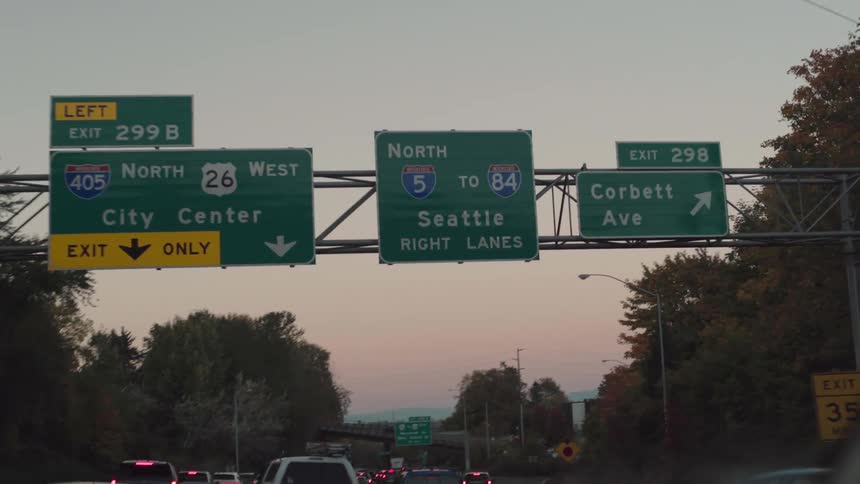 The highway is jammed with traffic at dawn