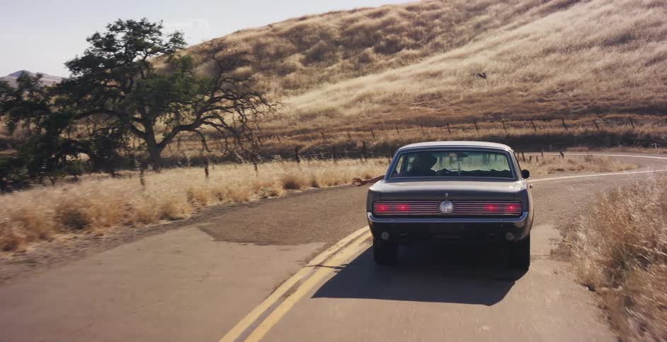 Tracking a vintage muscle car as it drives along a winding country road through golden, sun-drenched hills with a hand out the window feeling the breeze