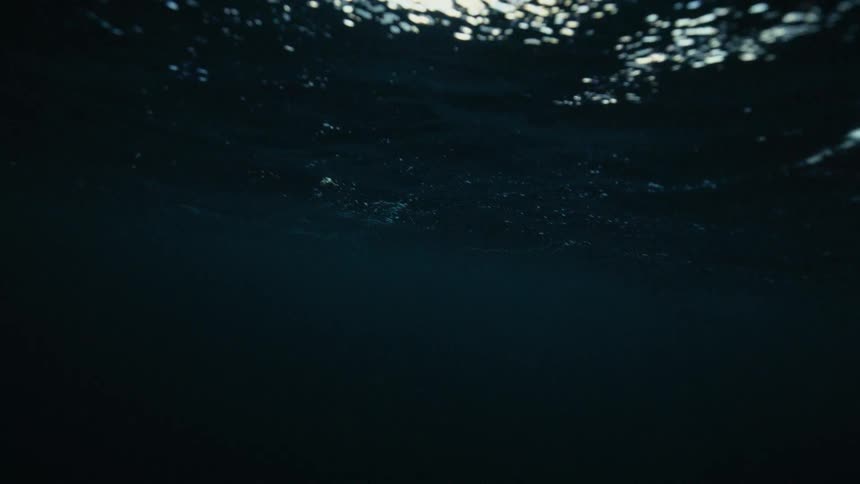 The dark surface of the ocean ripples ominously as seen from the depths below