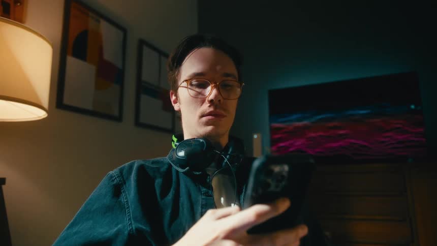 A focused young man with glasses and headphones scrolls on his smartphone in a dimly lit, cozy room at night