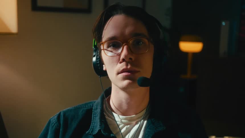 A young male gamer wearing a headset and glasses looks up from his game and stares seriously into the camera in a dimly lit room