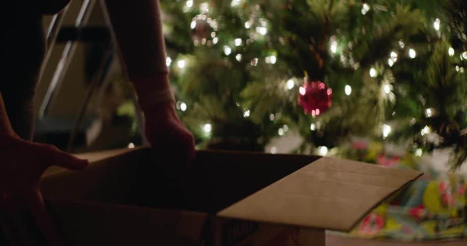 A person opens up a box by a christmas tree