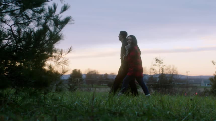 A couple are walking through a christmas tree farm during the day