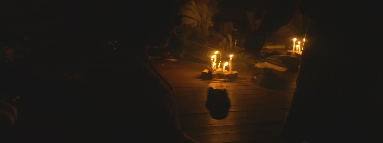 A shaman leads a mystical spiritual ritual with participants in a dark, smoky room lit only by flickering candles