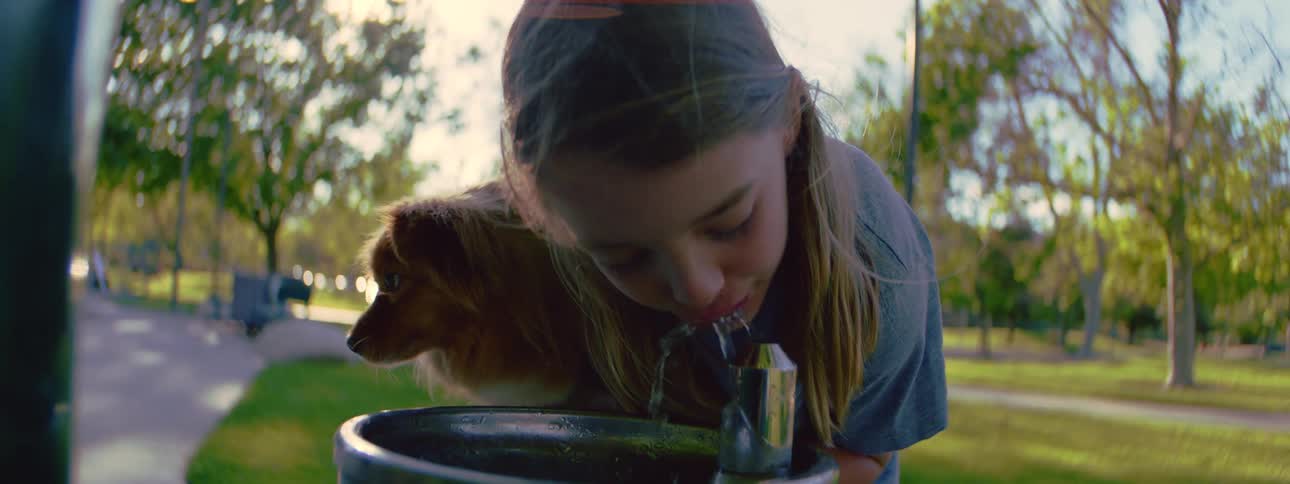 A close-up shot of a young girl drinking from a park water fountain as her small dog patiently sits on the basin