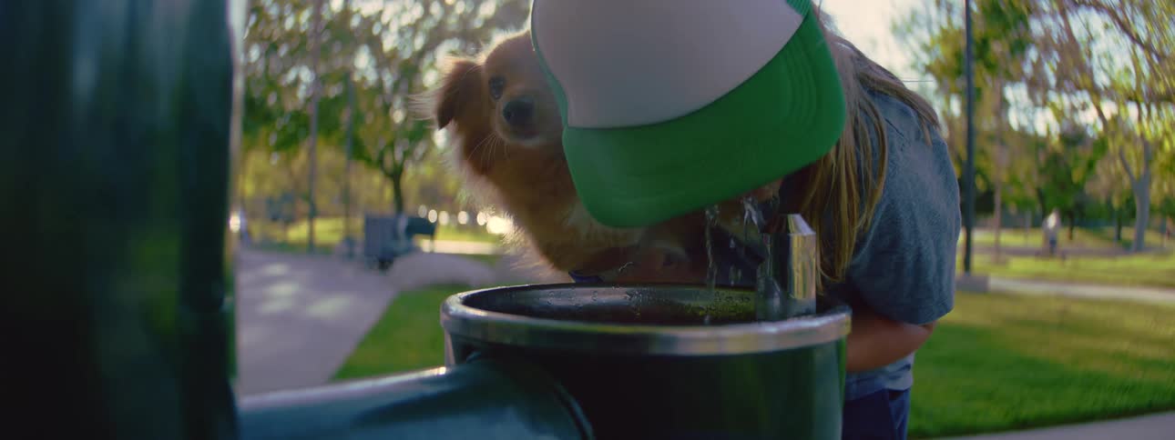 A young girl in a green trucker hat holds her fluffy dog while getting a drink from a park water fountain