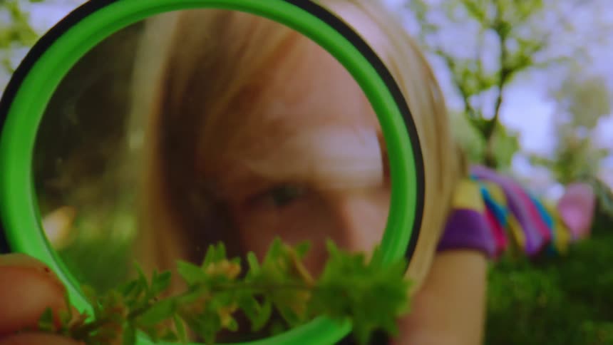A curious young girl lies on the grass and uses a magnifying glass to explore a small green plant in slow motion