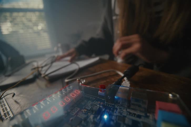 A close-up shot of an engineer activating a circuit board, with red LED numbers lighting up as she takes notes at her desk