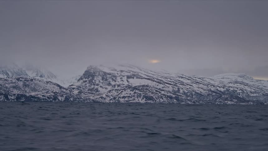Misty arctic sea churns in front of snow-covered mountains on an overcast day