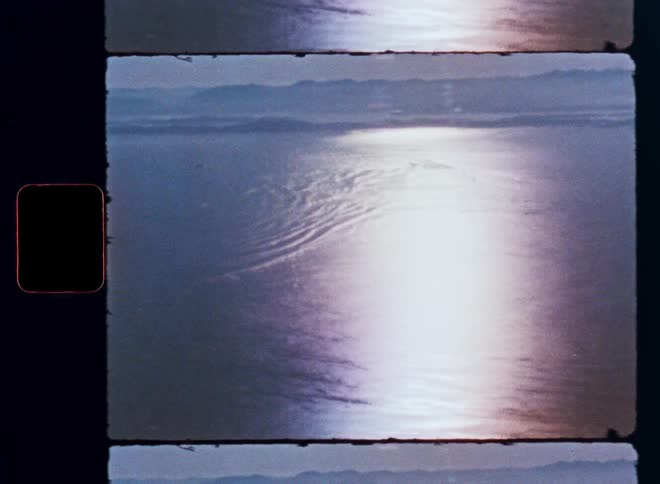A vintage film scan captures the serene ocean with sunlight reflecting on the water
