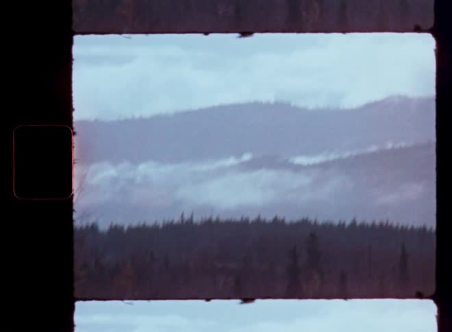 Archival film captures a moody and atmospheric landscape of misty mountains and an evergreen forest