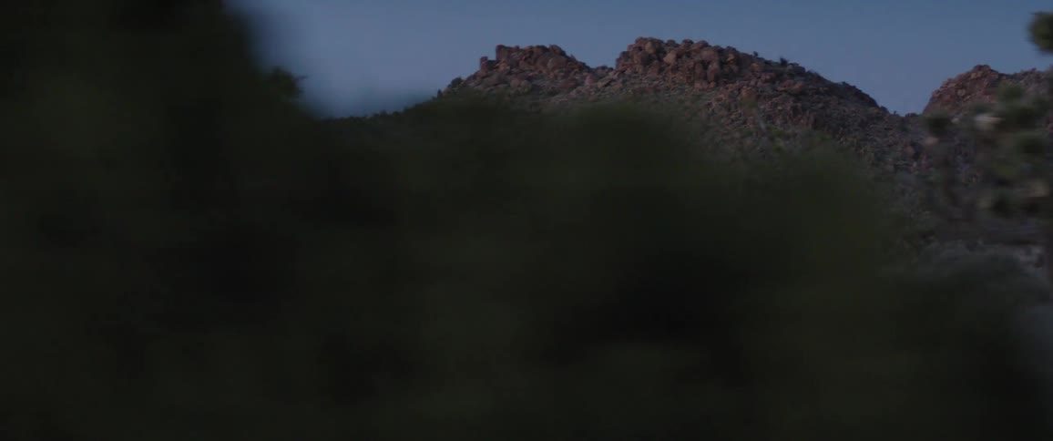 A serene tracking shot reveals the desert landscape of Joshua Tree with its rocky mountains at twilight