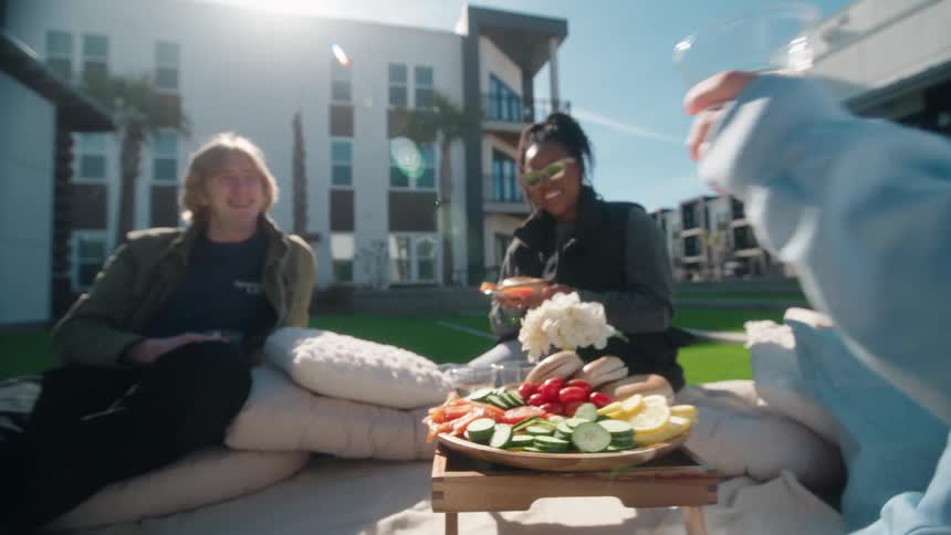 A diverse group of young friends enjoy a sunny afternoon picnic, laughing and talking together in the courtyard of their apartment complex