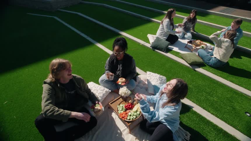 A high-angle view of two groups of diverse friends enjoying a sunny day picnic on a tiered artificial turf lawn, talking and laughing together