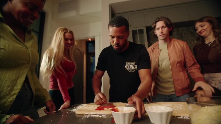 A diverse group of friends and family happily gather in a kitchen to make homemade pizza together