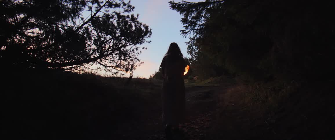 Following a mysterious woman in a long dress as she carries a flaming torch through a dark forest at twilight in slow motion