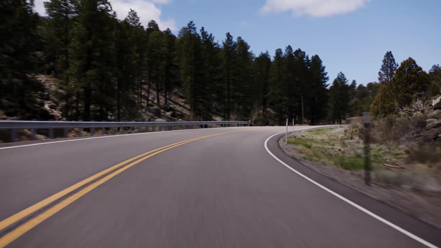 A smooth point-of-view drive along a curving paved road through a sunny mountain forest