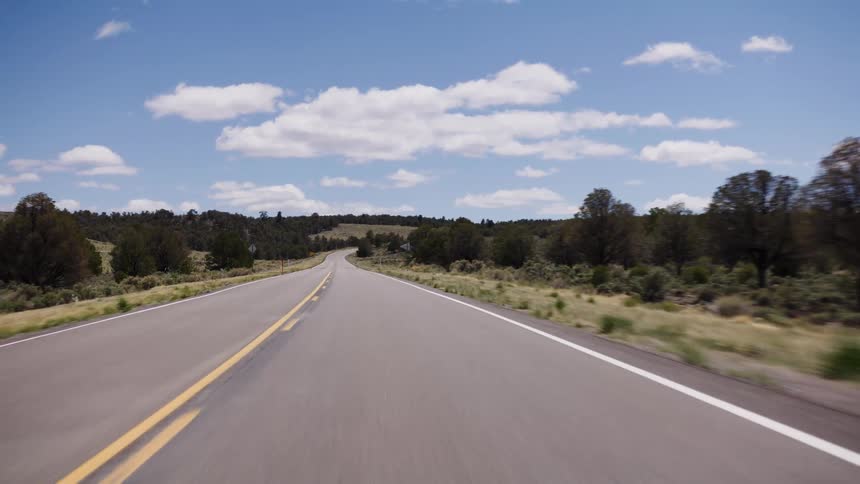 A scenic point-of-view drive along a winding two-lane rural highway through a grassy, tree-filled landscape on a sunny day