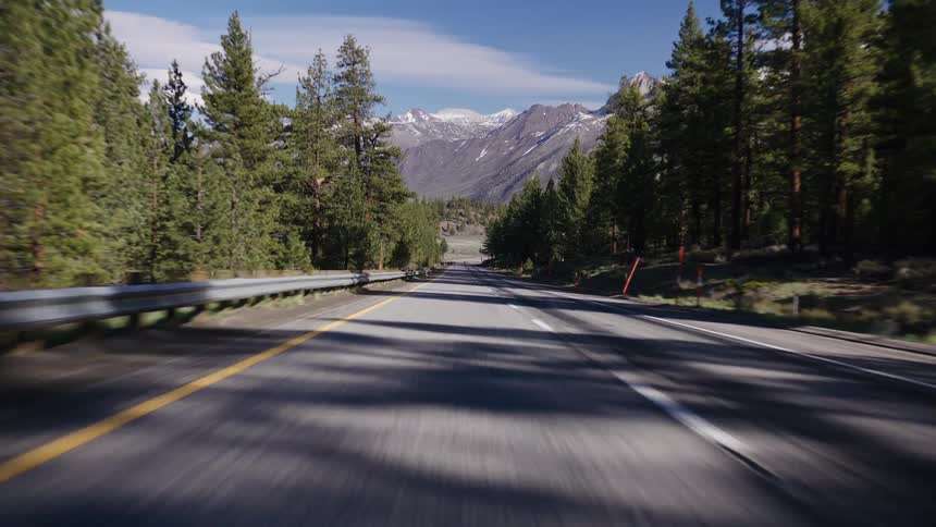 A point-of-view shot driving down a paved road through a pine forest, tilting up from the snow-capped mountains to the clear blue sky