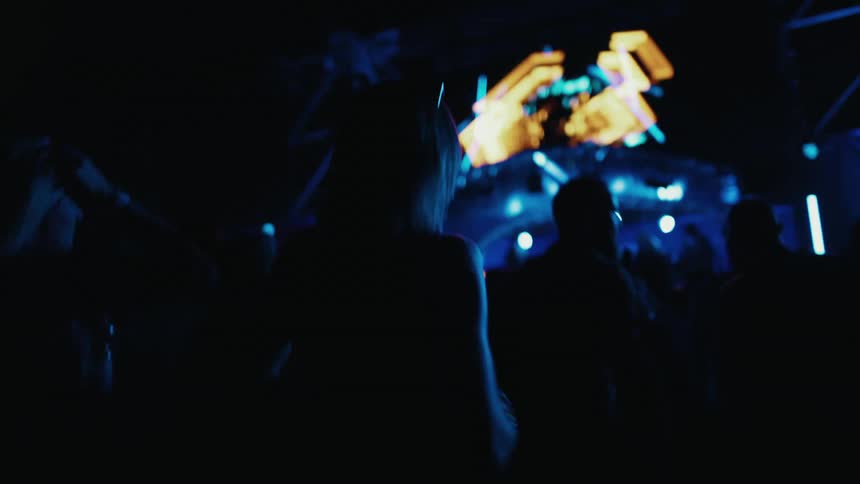 A silhouetted crowd dances in front of a brightly lit stage at a music festival at night