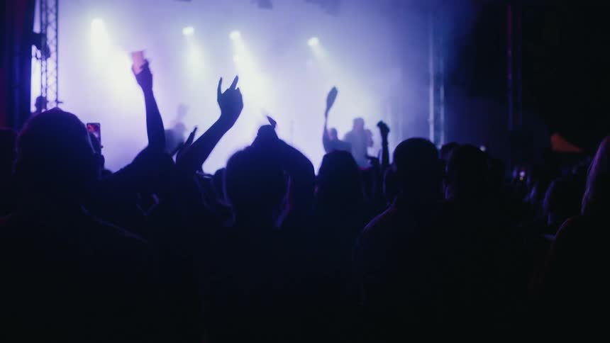 A silhouetted crowd dances and cheers with their hands in the air at a live music concert with purple stage lights