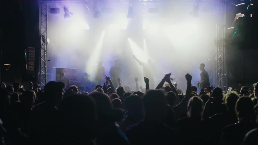 A silhouetted crowd dances and cheers for a band performing on a brightly lit stage at a music festival