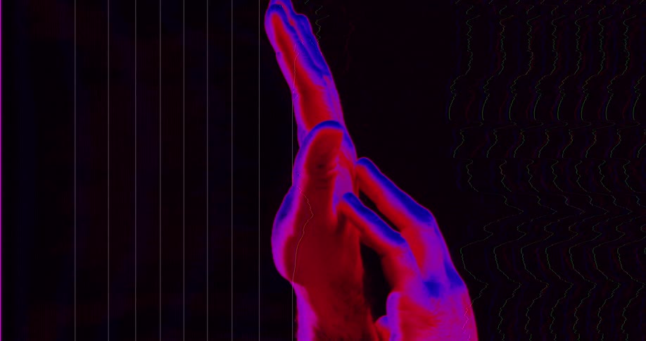 A stylized digital animation shows two hands gently touching, illuminated in red and blue against a dark background with graphic overlays