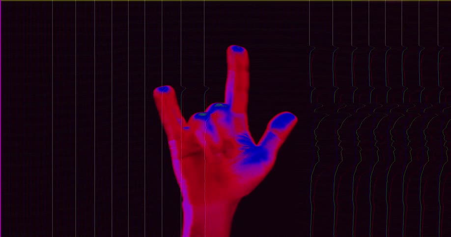 A vibrant thermal hand gives the 'rock on' sign against a dark, glitchy, digital background