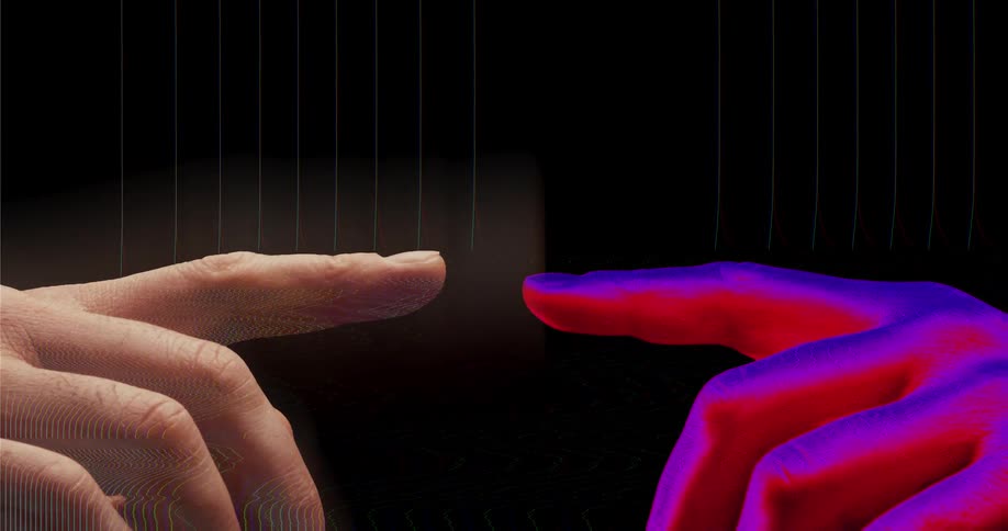 Digital and human worlds collide as two index fingers touch in a glitchy, abstract animation against a black background