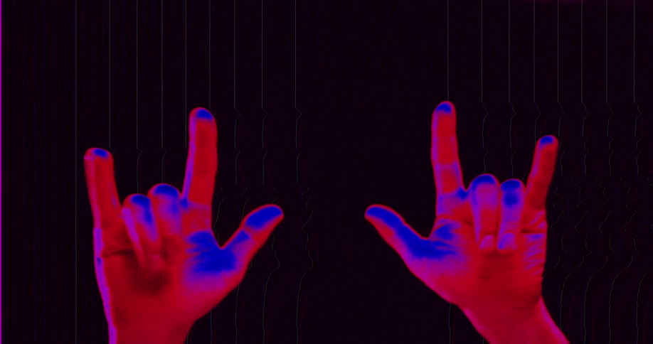 Psychedelic red and blue hands flash the rock on gesture with a trippy glitch effect against a black background
