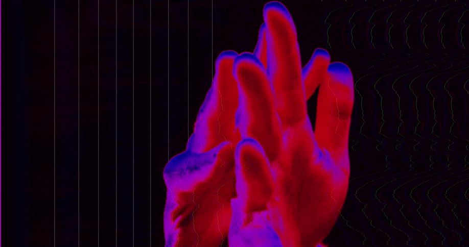 Stylized slow-motion hands with a surreal red and blue glow move against a glitching digital background