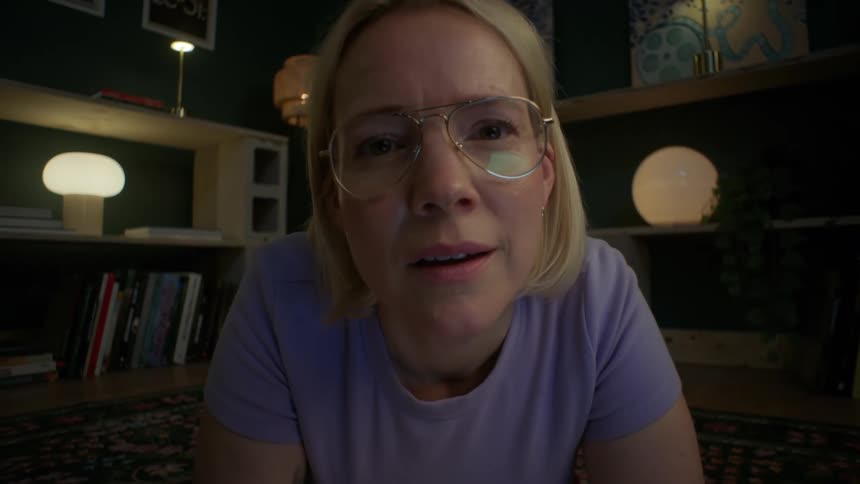 A woman with glasses watches something on her computer screen at night, her expression softening into a heartfelt smile