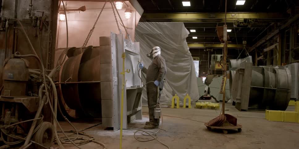 A worker spray paints in a factory