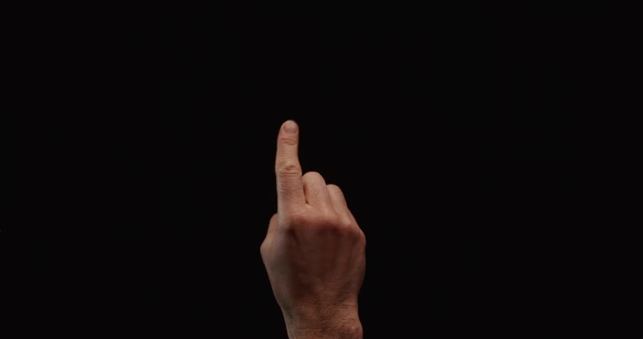 A man's hand performs a swipe right gesture, as if on a touch screen, against a black background