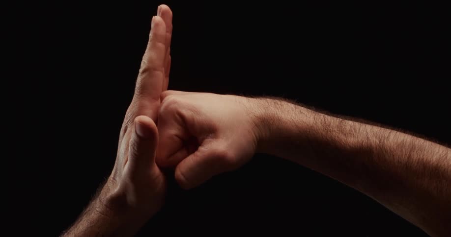 A close-up of a martial arts salute with a fist meeting an open palm against a black background