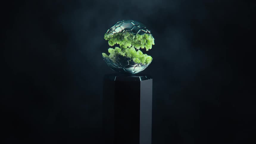 A futuristic metallic soccer ball containing green, organic matter slowly assembles itself on a pedestal against a dark, smoky background