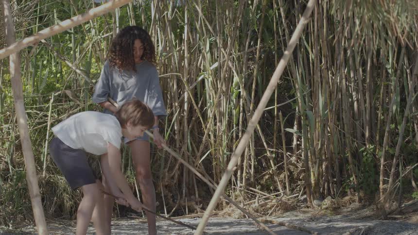 A young boy and girl collaborate while building a fort out of sticks near a bed of reeds on a sunny day