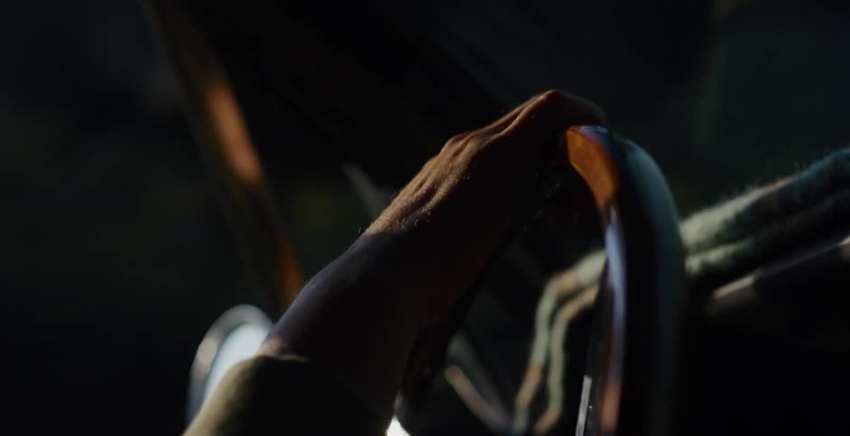 A dramatic close-up shows a hand on a classic car's steering wheel driving through intermittent light and shadows