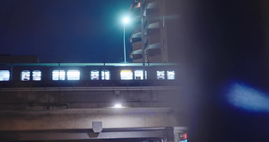 An elevated subway train with illuminated windows glides through a dark city at night