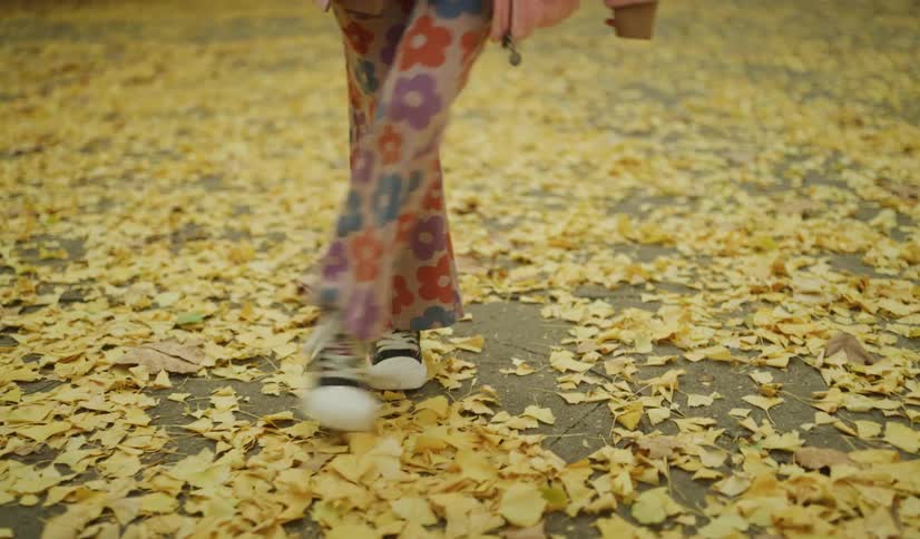 A little girl in a pink jacket and floral pants walks through a park covered in golden autumn leaves, kicking them as she goes