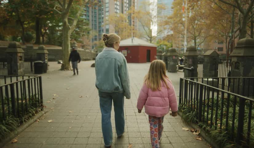 A rear view of two girls walking through the gates of a New York City park in the fall on their way to the playground