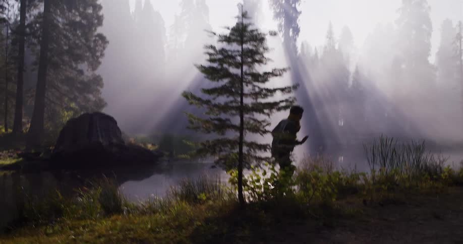 A lone traveler walks along the edge of a tranquil, misty forest lake as cinematic sun rays beam through the tall trees